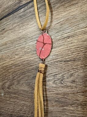 Handcrafted Pink Stone Tassel Necklace with Tan Suede